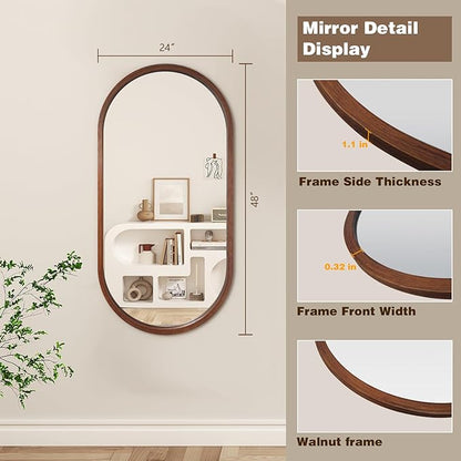 Niccy 48"×24" Wood Frame Oval Full Length Mirror, HD Long Wall-Mounted Mirrors, Large Body Hanging Mirrors for Living Room, Explosion-Proof Decorative Vanity Mirrors for Entryway, Bedroom, Walnut