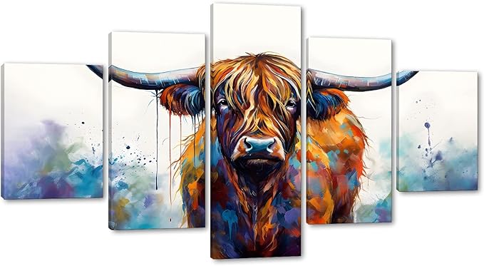 Highland Cow Abstract Canvas Wall Art 5 Panels Farmhouse Posters Graffiti Home Decor Artwork Wild Animal Prints Living Room Framed 60'' x 32''