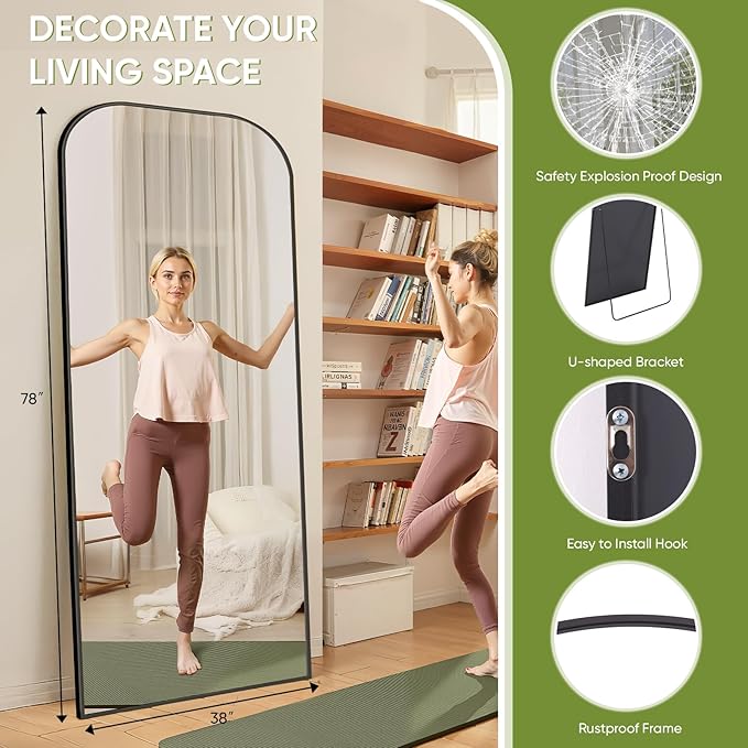 Full Length Mirror with Stand 78"x38" Floor Mirror Freestanding, Arched Floor Standing Large Mirrors Full Body Wall Hanging Leaning Home Decor for Bedroom & Living Room, Black