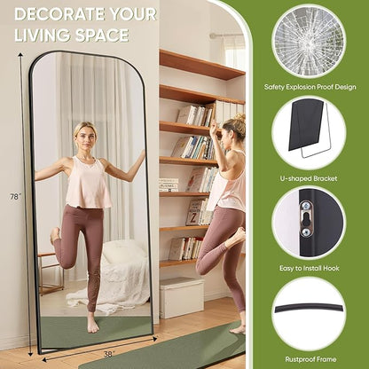 Full Length Mirror with Stand 78"x38" Floor Mirror Freestanding, Arched Floor Standing Large Mirrors Full Body Wall Hanging Leaning Home Decor for Bedroom & Living Room, Black