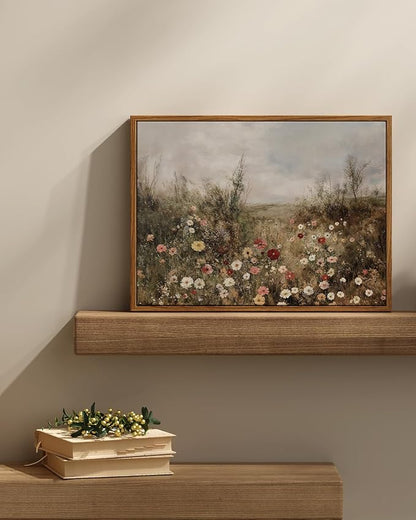 InSimSea Framed Canvas Prints Art Vintage Decor, Classical Wildflower Field Meadow with Flowers Painting, Rustic Landscape Wall Art for Living Room Bedroom Home Bathroom Wall Decor, 12x16inch