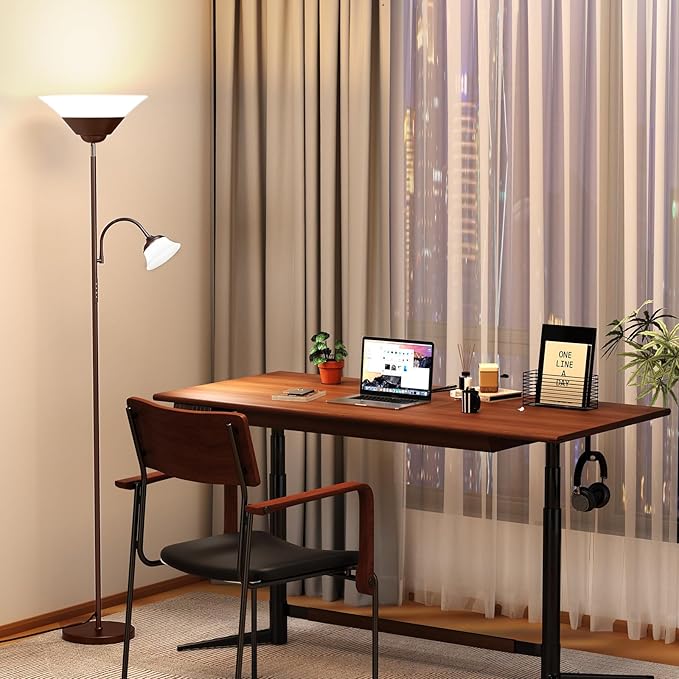 SIBRILLE 2-in-1 Torchiere Floor Lamp, 34W Super Bright LED Standing Lamp with Remote & Touch Control, 72" Dimmable Adjustable Corner Reading Lamp for Living Room, Bedroom, Office, Brown