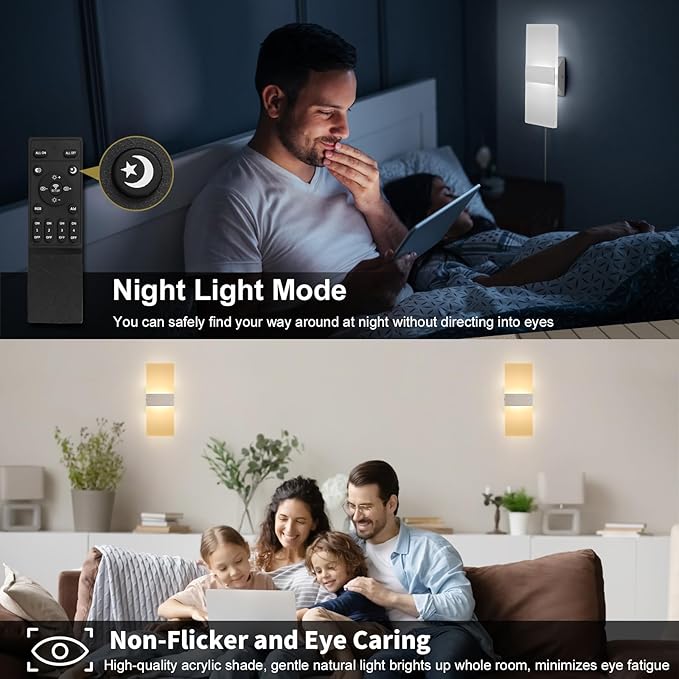 GOODATE Plug in Wall Sconces with Stepless Adjustable 3000K-6500K Colors and 10%-100% Brightness, Sconces Wall Lighting with Remote Control 12W Acrylic LED Wall Lamp with 6FT Plug in Cord, 2 Pack