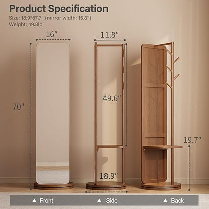 WoodsWhisper Full Length Mirror Coat Rack Solid Wood Floor Mirror 66"x12" Full Length Mirror with Stand Long Mirrors for Bedroom,Living Room (Deep Walnut, 70" L x 16" W)