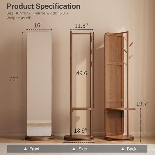 WoodsWhisper Full Length Mirror Coat Rack Solid Wood Floor Mirror 66"x12" Full Length Mirror with Stand Long Mirrors for Bedroom,Living Room (Deep Walnut, 70" L x 16" W)