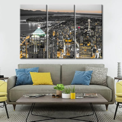 TUMOVO 3 Pieces Downtown Seattle Skyline in Seattle Washington USA Black and White Wall Art Skyscrapers Artwork Bathroom Decor Wall Art Print on Canvas Ready to Hang (36" Wx24 H)