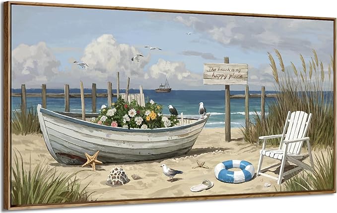 Large Framed Modern Canvas Wall Art, Natural Coastal Beach Landscape Print, Blue Seaside Scenery Decor Painting For Living Room Bedroom Dining Room Study Room, Ready To Hang 48X24 Inch