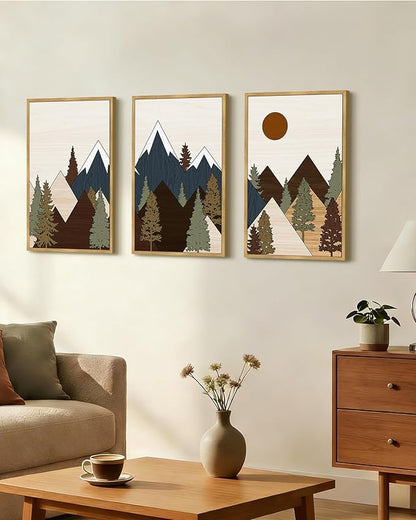Drsoum Morden Mountains Landscape Wall Art Framed Boho Pine Tree Forest Nature Prints Boho Farmhouse Rustic Artwork Hallway Bedroom Ready to Hang 16x24in Natural Framed