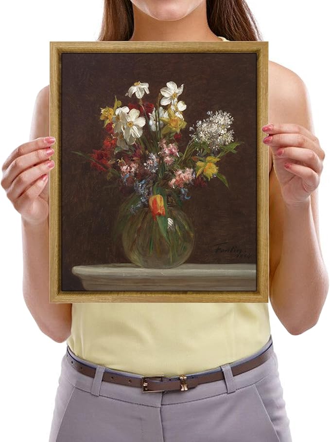 Pyradecor Vintage Framed Canvas Wall Art Retro Farmhouse Decor Flowers in Vase Canvas Prints Classical Floral Painting Artwork for Bedroom Office Decorations