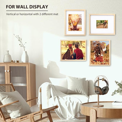 KINLINK 11x14 Picture Frame White Oak, Solid Light Wood Frames with Acrylic Plexiglass for Pictures 5x7/8x10 with Mat or 11x14 without Mat, Tabletop and Wall Display, Set of 4