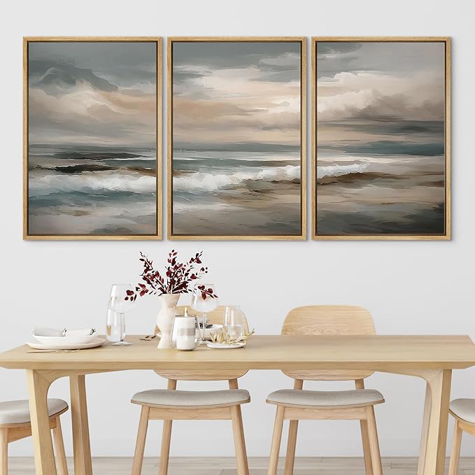 SIGNLEADER Framed Canvas Print Wall Art Set Soft Neutral Coastal Waves Muted Teal and Beige Ocean Illustrations Minimal Decorative Bohemian Nordic for Living Room, Bedroom, Office - 24"x36"x3 NATURAL