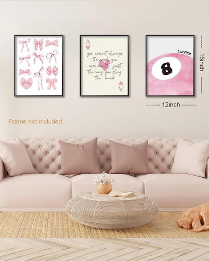 Trendy Pink Bows Posters Wall Art Set of 3, Vintage Preppy Lucky 8 Ball Canvas Wall Decor, Pink Girly Room Aesthetic Picture Prints Painting for College Apartment Living Room Bedroom 12x16 In Unframed