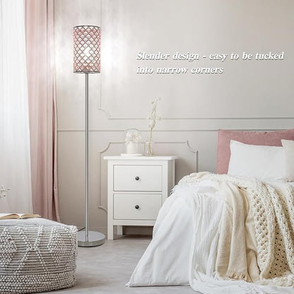 Crystal Floor Lamp for Bedroom, Silver Floor Lamp with Pink Shade, Girls Lamp with On/Off Foot Switch, Elegant Standing Light Tall Pole Lamp for Living Room, Dresser, Office (E26 Base)