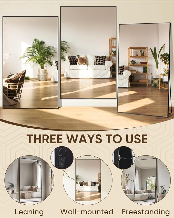 Antok Full Length Mirror, 86"x46" Oversized Floor Mirror Freestanding, Full Body Mirrors Floor Standing Mirror with Stand, Hanging Mounted Mirrors for Living Room Cloakroom,Black,Rect Style