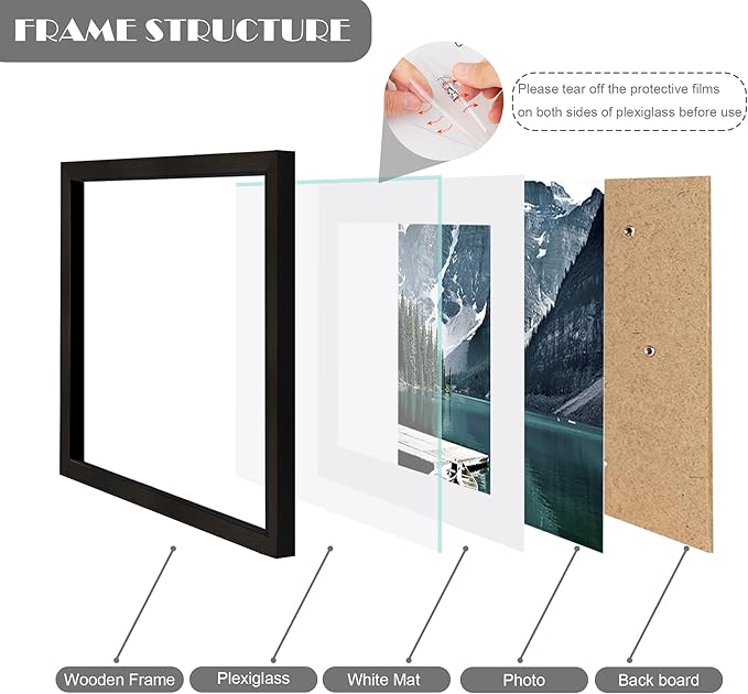 Hongkee 11x11 Black Picture Frame set of 3, Made of Wooden Square Photo frame - Displays 8x8 Picture With Mat or 11 x 11 Without Mat, Desktop and Wall Mounting Collage Frame set