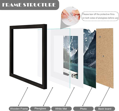 Hongkee 11x11 Black Picture Frame set of 3, Made of Wooden Square Photo frame - Displays 8x8 Picture With Mat or 11 x 11 Without Mat, Desktop and Wall Mounting Collage Frame set