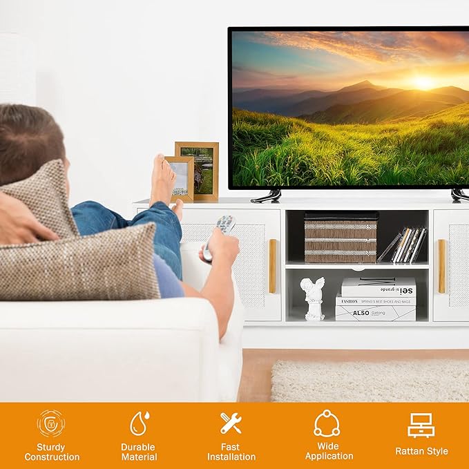 Tangkula Rattan TV Stand for TVs Up to 65", Entertainment Center, 3-Tier Adjustable Shelf, 2 Enclosed Weaved Cabinets, Cable Holes, Modern Media TV Console Table for Living Room