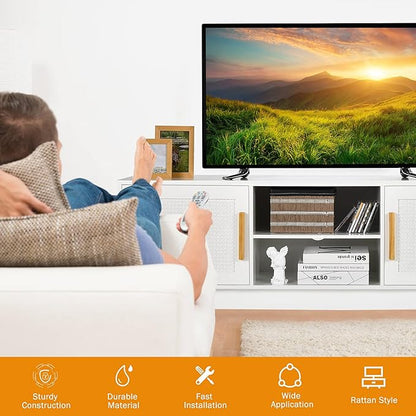 Tangkula Rattan TV Stand for TVs Up to 65", Entertainment Center, 3-Tier Adjustable Shelf, 2 Enclosed Weaved Cabinets, Cable Holes, Modern Media TV Console Table for Living Room
