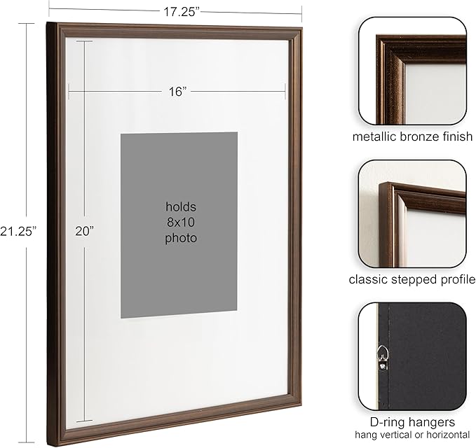 Kate and Laurel Adlynn Rectangle Picture Frame Set of 3; 16 x 20 matted to 8 x 10; Bronze; Vintage Three-Piece Frame Set for Gallery Wall Frame Set in Living Room Wall Decor