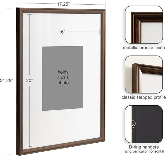 Kate and Laurel Adlynn Rectangle Picture Frame Set of 3; 16 x 20 matted to 8 x 10; Bronze; Vintage Three-Piece Frame Set for Gallery Wall Frame Set in Living Room Wall Decor