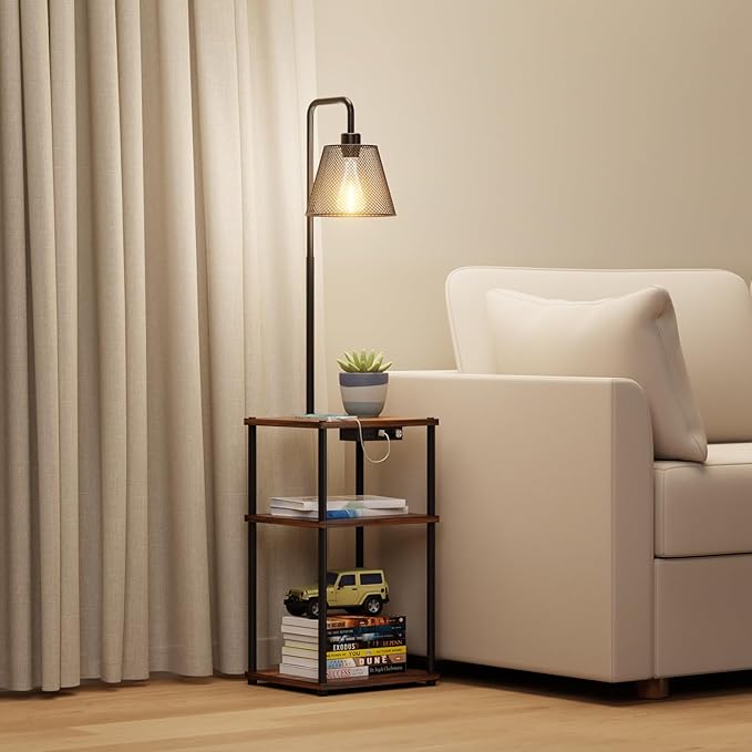 Floor Lamp with Table and Shelves, Side Table with USB Charging Port and Outlet, Modern Bedside Nightstand End Table with Lamp for Living Room, Bedroom, Guest Room, Bulb Included