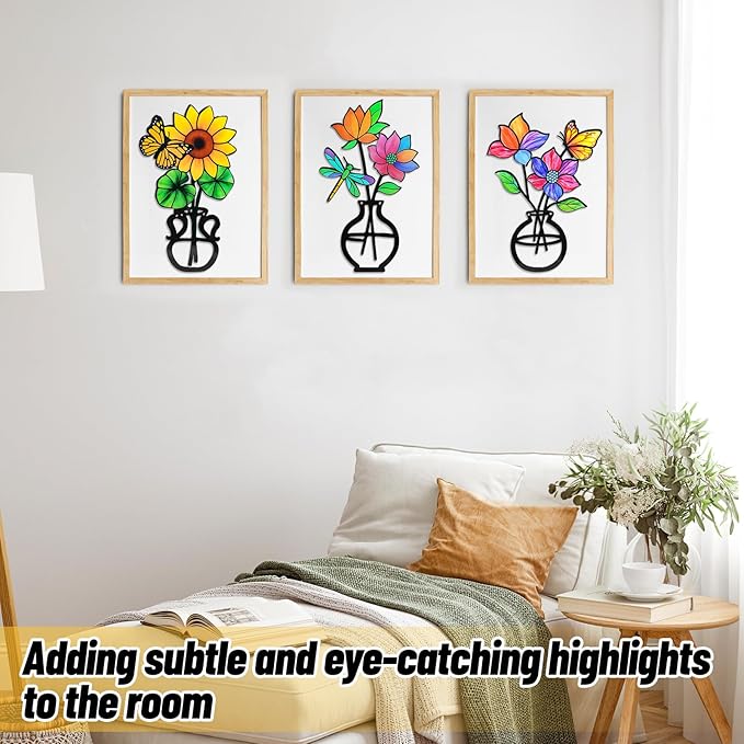 FaloStwer 3Pcs Metal Flowers Wall Arts Rustic Farmhouse Decor, House Minimalist Bathroom Wall Decors Sculptures, Metal Vase Flowers Wall Arts for Living Room Dining Bedroom Wall Decorations Housewarming Gift (Colorful-B)