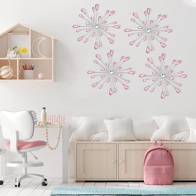DXYAKY Set of 3 Pink Metal Starburst Wall Art Decor, Rhinestone Crystal Home Decor Accents, 11.8 Inch Decorative Wall Hanging Diamond, Jeweled Sparkle Wall Sculptures for Living Room Bedroom