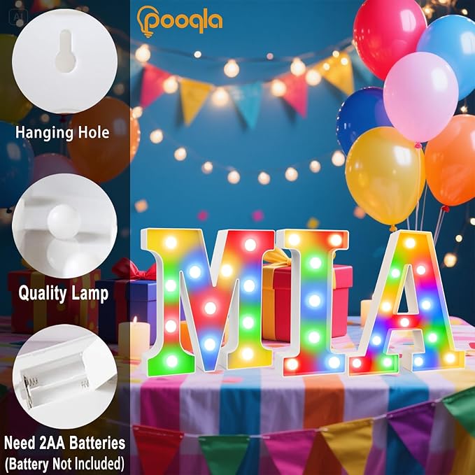 Pooqla LED Light Up Letters, Warm White and Colorful Lighted Marquee Letters with Remote, Lighted Letter for Party Birthday Decorations, Gift for Girls Boys Night Light, Wedding Home Decor, Letter D