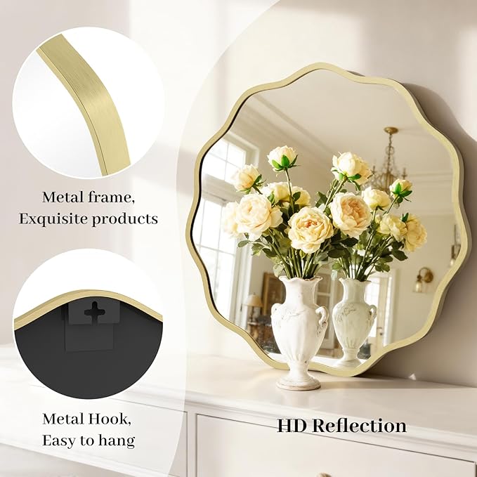 HOMECOOKIN 24" Wavy Round Wall Mirror, Gold Scalloped Circle Mirror Edge Round with Metal Frame, Modern Decorative Hanging/Leaning Mirrors for Bathroom, Hotels, Hallway, Entryway, Vanity, Office