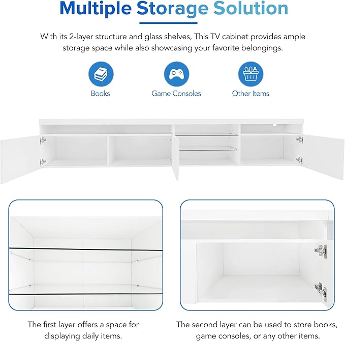 Merax Unique Design TV Stand with 2 Glass Shelves and LED Color Changing Lights, Ample Storage Space Media Console for Television Up to 100", Versatile Cabinet for Living Room, White