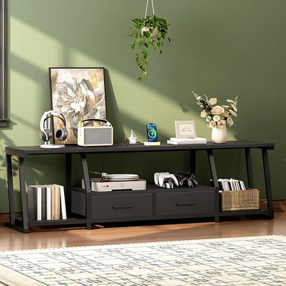 RALGEND LED TV Stand for 80 Inch TV, Entertainment Center with Open Shelves and Power Outlets, TV Console Table with Fabric Drawers, Media Console for Living Room, Bedroom, Black
