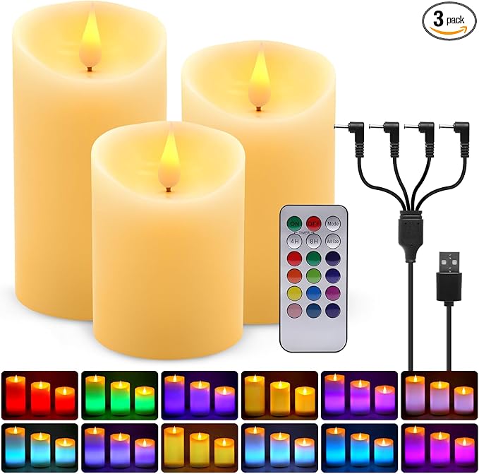 Rechargeable Candles Flickering with Remote,Flameless Candles Built-in Rechargeable Battery,RGB&Warm White Real Wax LED Candles for Home Decoration,Christmas,Party