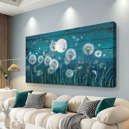 BQVCT Dandelion Moon Wall Art 30x58 Inch Large Gallery Wrapped Canvas Print Teal Blue Rustic Wood Plank Design Modern Celestial Nature Themed Decor for Living Room & Bedroom