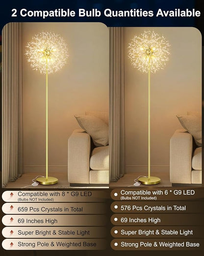 Crystal Floor Lamp, 69'' Modern Floor Lamp for Living Room, Standing Lamp with On/Off Foot Switch, Metal Tall Lamps with 659 PCS K9 Crystals, Gold Pole Living Room Lights (Gold/8) Bulbs NOT Included