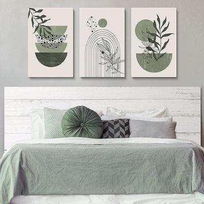 Sage Green Wall Posters & Prints, Green Boho Wall Art Set of 3, Minimalist Framed Wall Art Geometric Line Leaf Sun Moon Beige Green Canvas Artwork Paintings