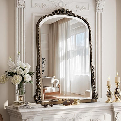 24"×32" Bronze Wide Arched Wall Mirror, Vintage Carving Bathroom Vanity Makeup Mirror, as Wall Decor Hanging Leaning for Fireplace Mantle, Living Room, Bedroom, Vanity Area