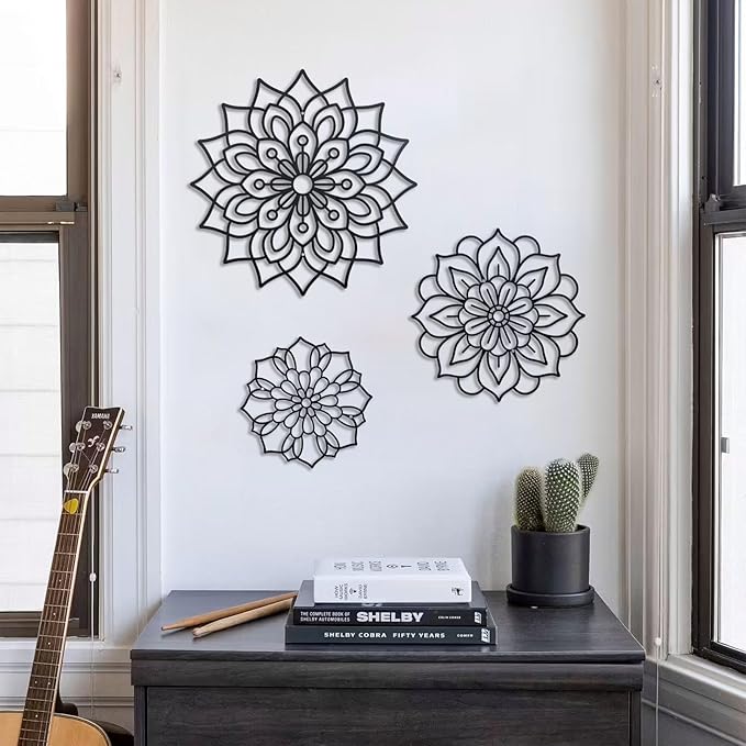 OYEFLY 3 Pieces Metal Flowers Wall Decoration,Flower Art Wall Decor Farmhouse Wall Decor (Black style2)