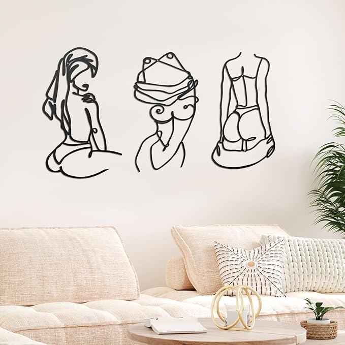 Lounsweer 3 Pcs Modern Minimalist Wall Decor Abstract Line Art Woman Body Wall Decor Modern Single Line Metal Wall Art for Bedroom Living Room Kitchen Bathroom