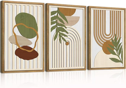DRACIT Large Boho Minimalist Geometric Wooden Framed Canvas Wall Art Set,Neutral Sage Green Beige Wall Decor,Modern Mid Century Leaf Wall Sculptures for Living Room,Bedroom,Office-16 x24 x3