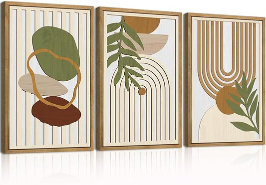 DRACIT Large Boho Minimalist Geometric Wooden Framed Canvas Wall Art Set,Neutral Sage Green Beige Wall Decor,Modern Mid Century Leaf Wall Sculptures for Living Room,Bedroom,Office-16 x24 x3