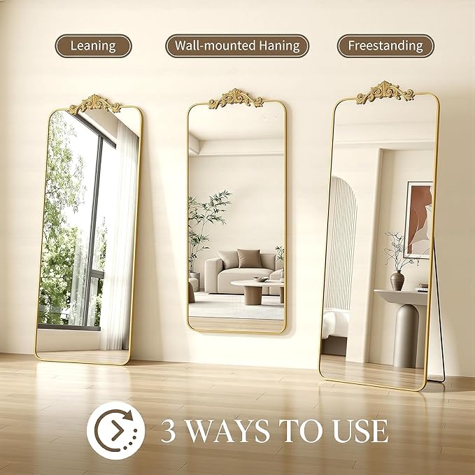 Antok Arched Full Length Mirror, 81"x41" Floor Mirror with Carved, Full Body Mirrors for HomeDecor, Standing/Halling Large Wall Mirror for Bedroom, Living Room, Cloakroom, Black, Ornate Style