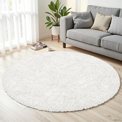 White Round Fluffy Rug 5ft,Soft Bedroom Circle Rugs Mats for Kids Girls Nursery Room,Washable Plush Shaggy Indoor Non Slip Rug for Bedside Living Room Bedroom Circular Carpet,Home Decor Aesthetic