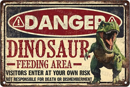 Dinosaur Vintage Tin Sign Dinosaur Feeding Area Great Boy's Room Metal Decor Sign Warning for Bedroom and Playroom 8x12inch