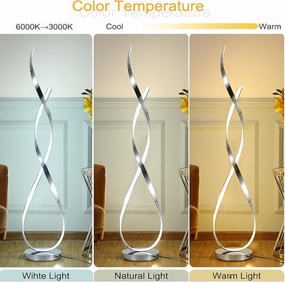 Chrome Spiral Floor Lamp, 54.3inch Tall LED Modern Standing Floor Lamp with Remote Control, 3 Color Dimmable 40W 4000LM Super Bright Floor Lamps for Living Room Bedroom