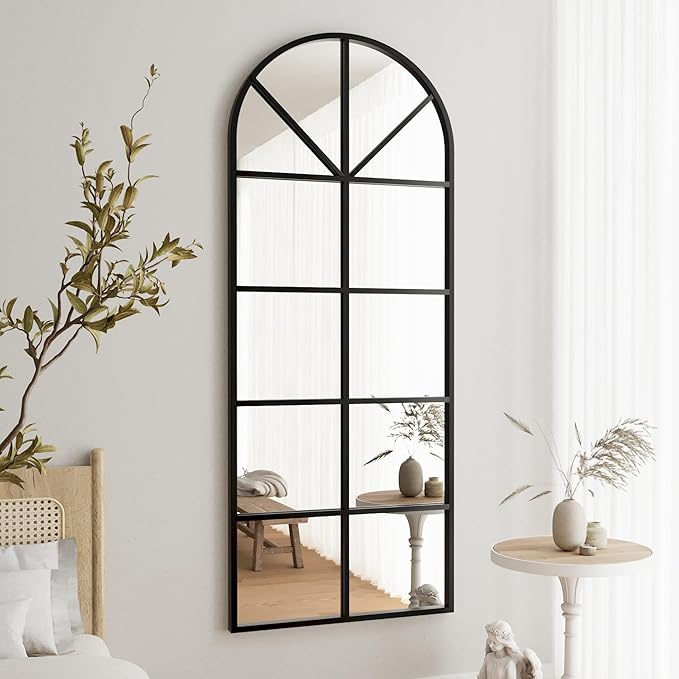 Prywot Full Length Mirror, 65"x22" Arched Window Pane Mirrors for Wall Decor, Black Full Body or Wall Mounted Mirrors, Farmhouse Standing Mirror Hanging or Leaning for Living Room, Entryway, No Stand