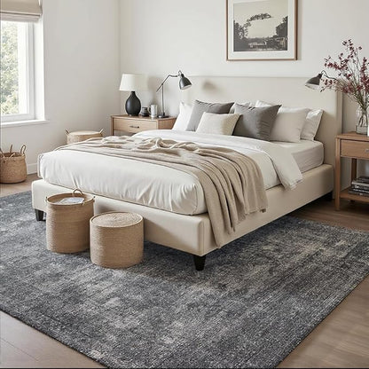 5x7 Area Rugs Light Grey Washable Rug for Living Room, Dining Room, Bedroom, Large Carpets, Non Slip & Non-Shedding Low Pile Vintage Print Rug for Home Office Decor