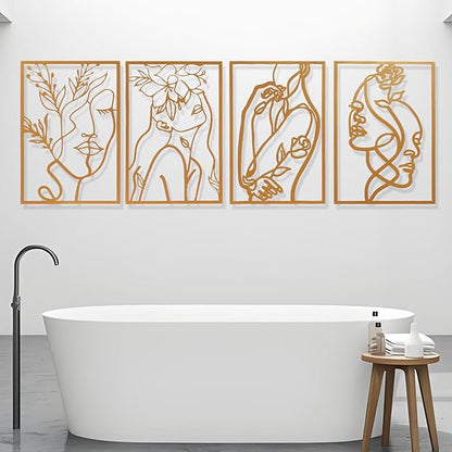 AMAATE Gold Metal Wall Art, 4 Pieces Minimalist Woman Face Line Art Sculpture, Hollowed Out Floral Female Portrait Metal Hanging Decor for Living Room Bedroom Bathroom 17.7" X 26.4" in