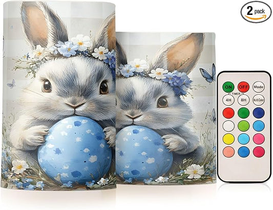 ALAZA Cute Eater Rabbit Bunny Flower Flickering Flameless Candles Battery Operated with Remote Timer,Tea Light Candles LED Pillar Votive Candles Set of 2 for Outdoor Indoor Decorations