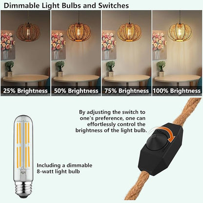Plug in Pendant Light Rattan Hanging Lights with Plug in Cord 15FT Hemp Rope Cord, Dimmable Switch – Indoor Hanging Lamps for Boho Living Room Bedroom（Bulb Included） 11 x 7 inch