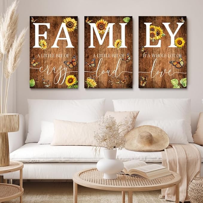 GUBIYU Farmhouse Family Wall Art Set of 3, Rustic Family Wall Decor for Living Room, Dining Room, Retro Brown Wood Wall Art, Butterfly Art, Sunflower Decor, 20"x28"